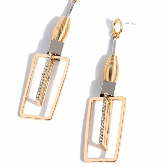 Paparazzi Gold and Silver Geometric Drop Earrings Clear the SQUARE Chandelier - Picture 1 of 4